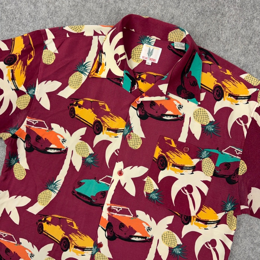 VTG Brian Brothers Shirt Mens Medium Maroon Car Pineapple Hawaiian Aloha 90s